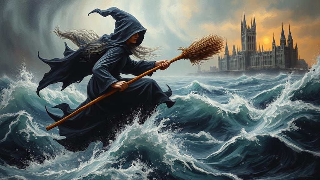 Ominous Witch Soars Through Storm in Surreal Seascape