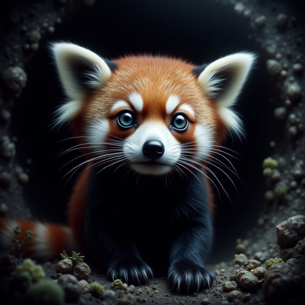 Red Panda With Ocean Eyes in Dark Cave