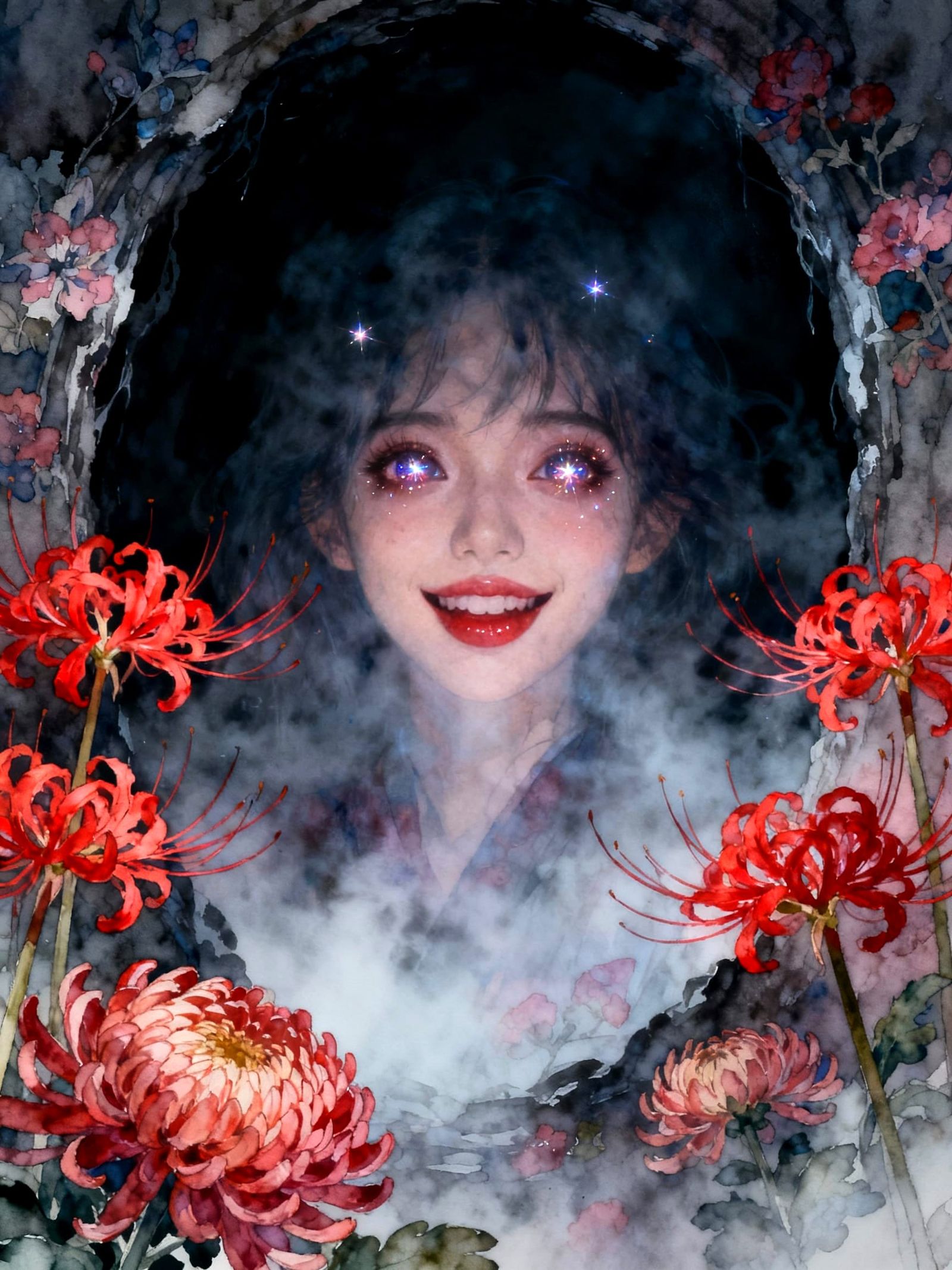 Eerie Woman with Sparkly Eyes in Misty Portal