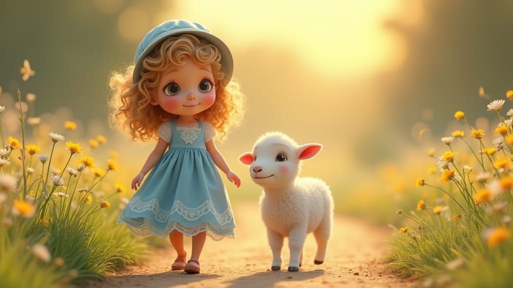 Whimsical Girl Strolls with Lamb in Sunny Meadow