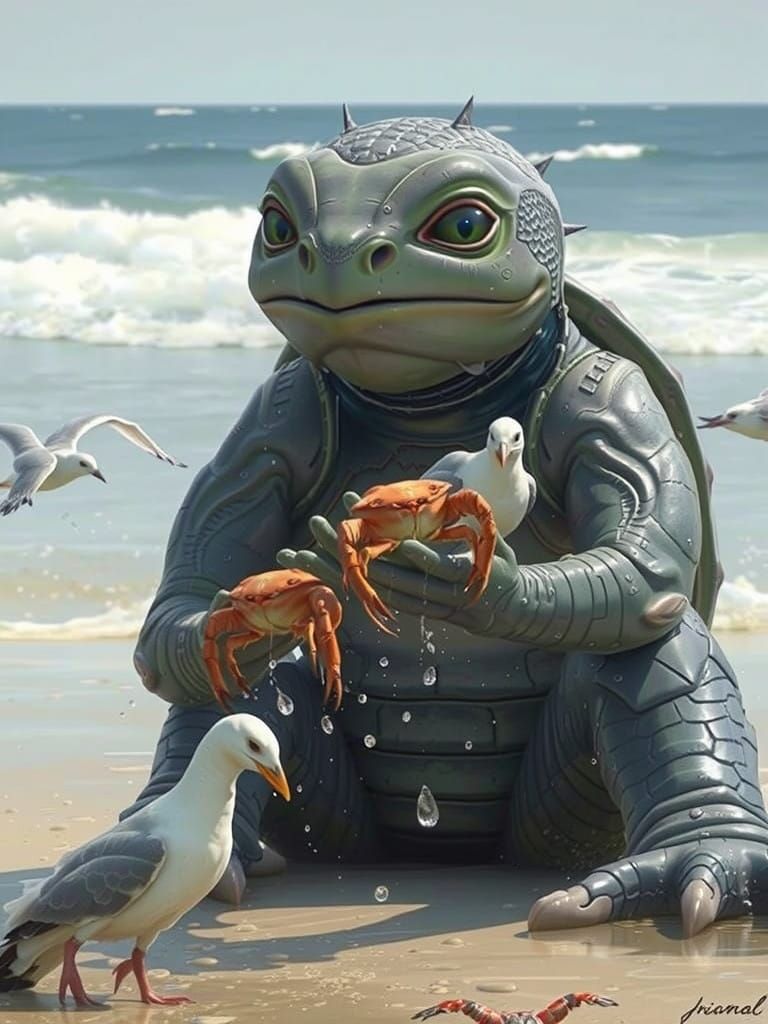 Beachside Turtle Creature Interacts with Seagulls in a Livel...