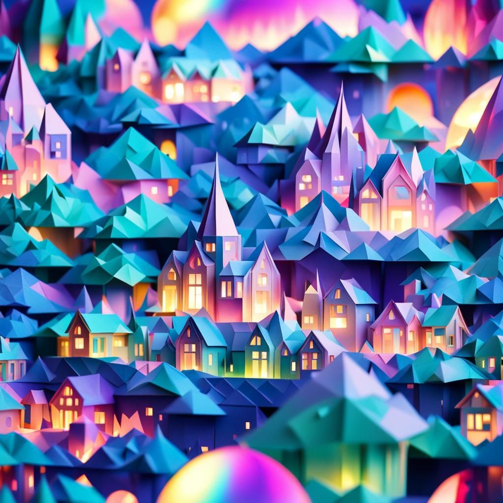 Iridescent Moon Over Dreamlike Papercraft Town