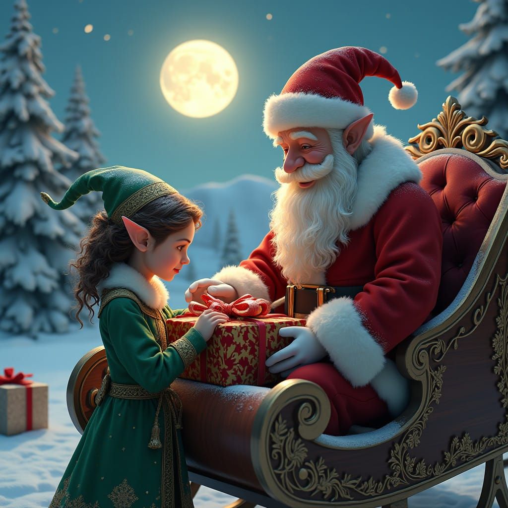 Jovial Elf Assists Santa Claus in a Winter Wonderland Scene