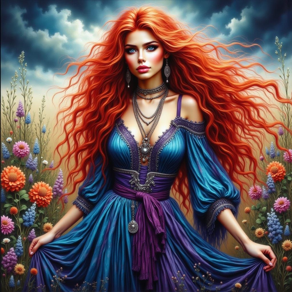 Red-Haired Woman with Silver Jewelry, Art Nouveau Style