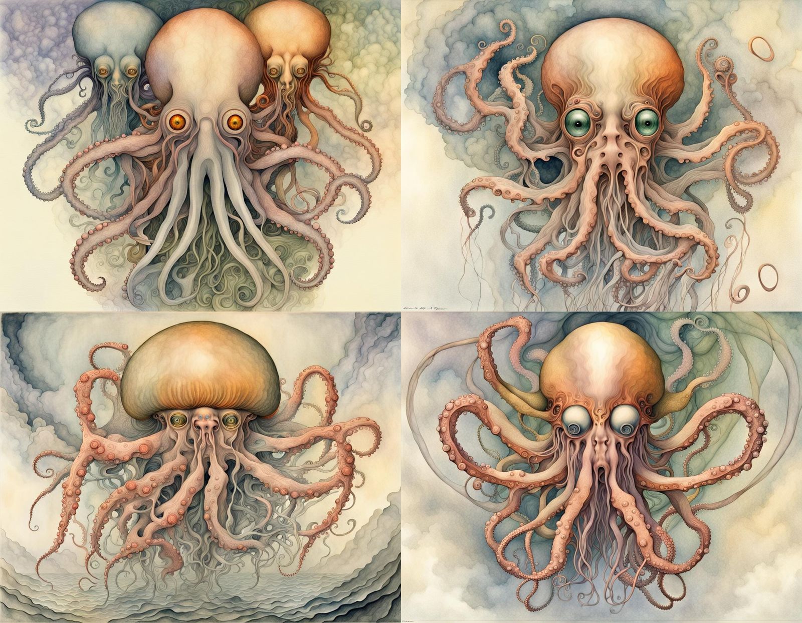 Surreal Fractal Octopus Jellyfish Watercolor Drawing