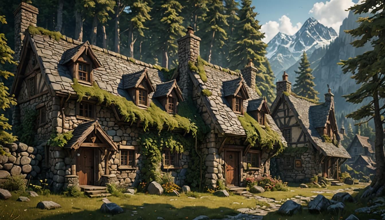 Rustic Cottages in Woods, Detailed Matte Painting