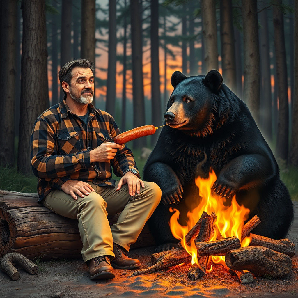 Man and Bear Share Campfire in Whimsical Forest