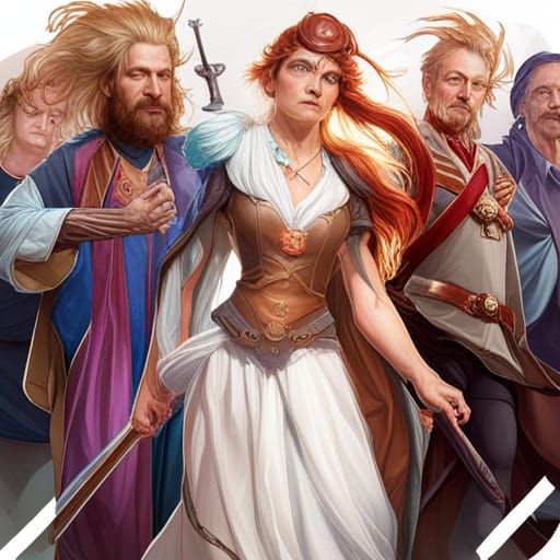 female wizard among male wizards ; hyperdetailed; photoreali...