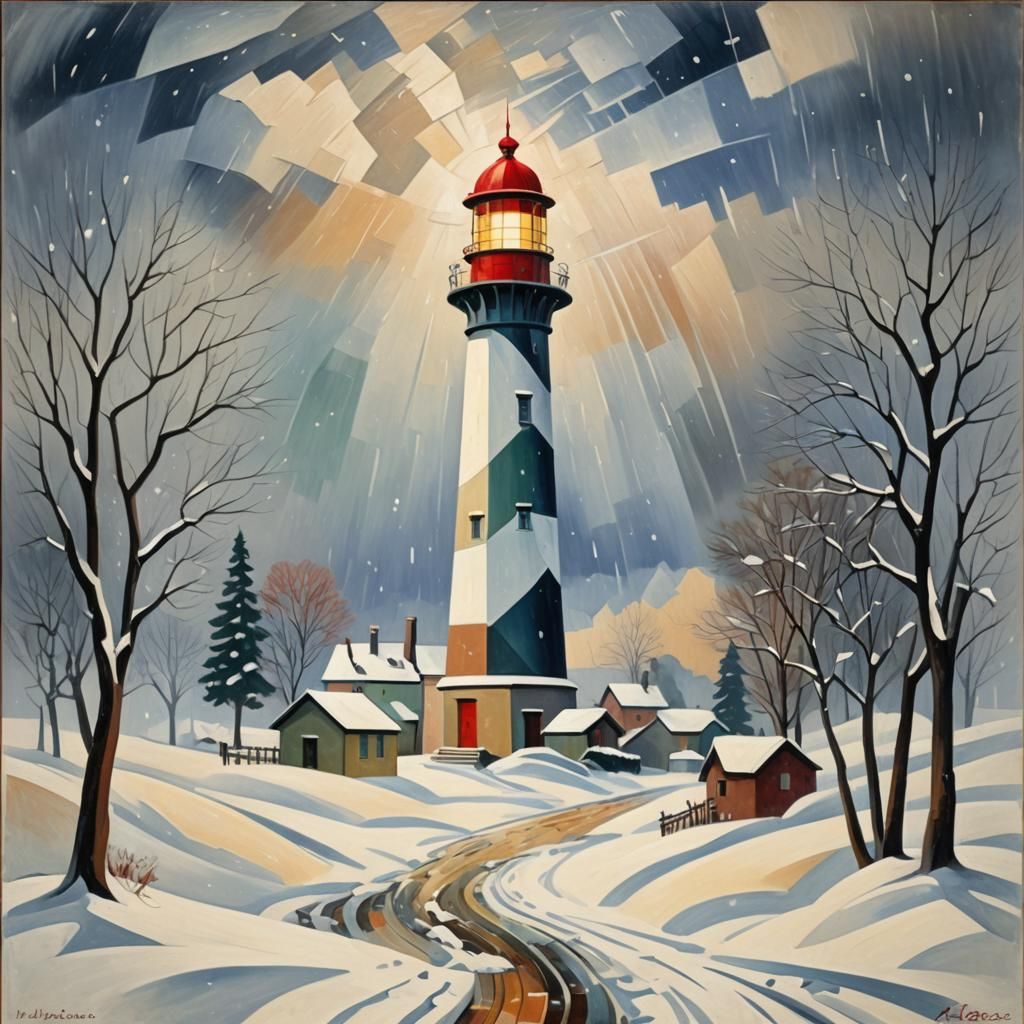 Abstract Cubist Lighthouse in Snowstorm