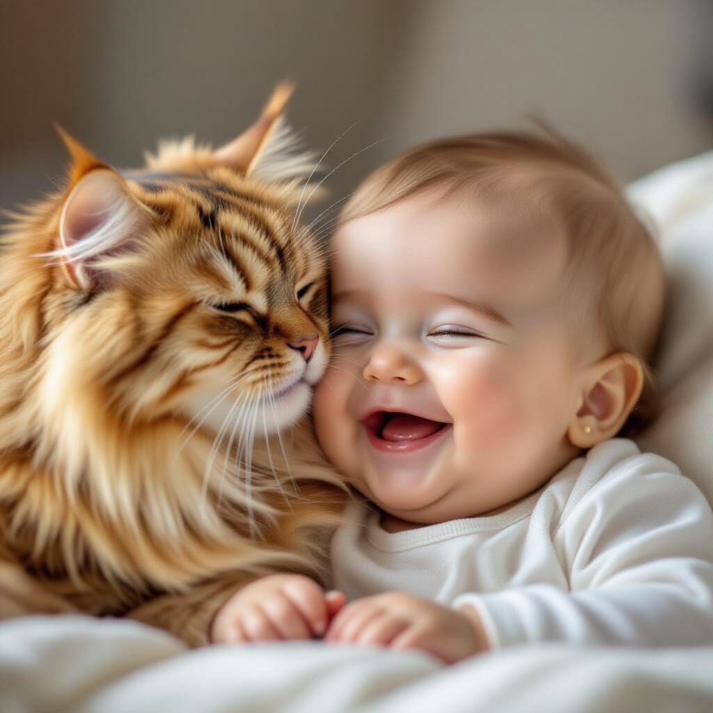 Baby and Fluffy Cat Share Tender Moment in Soft Light