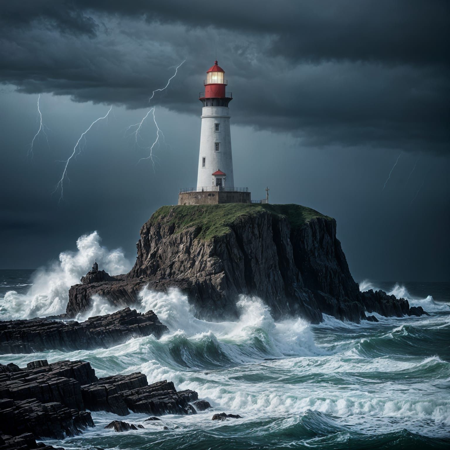 Lighthouse Battling Stormy Seas at Night
