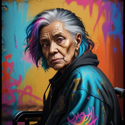 Elderly Woman with Cat in Vibrant Graffiti Art