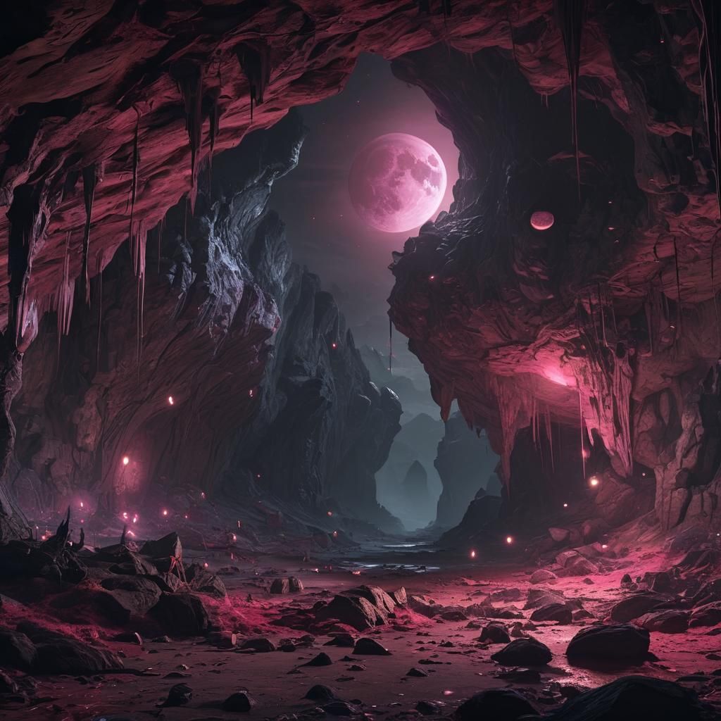 Glowing Pink Cave of Corpses: Dark Fantasy Art