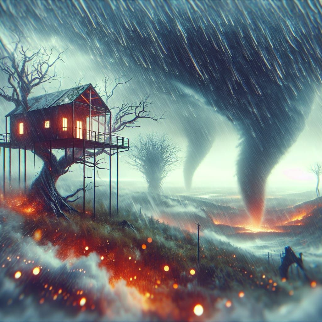 Dystopian Tree Hut in Stormy Weather: 8k Concept Art