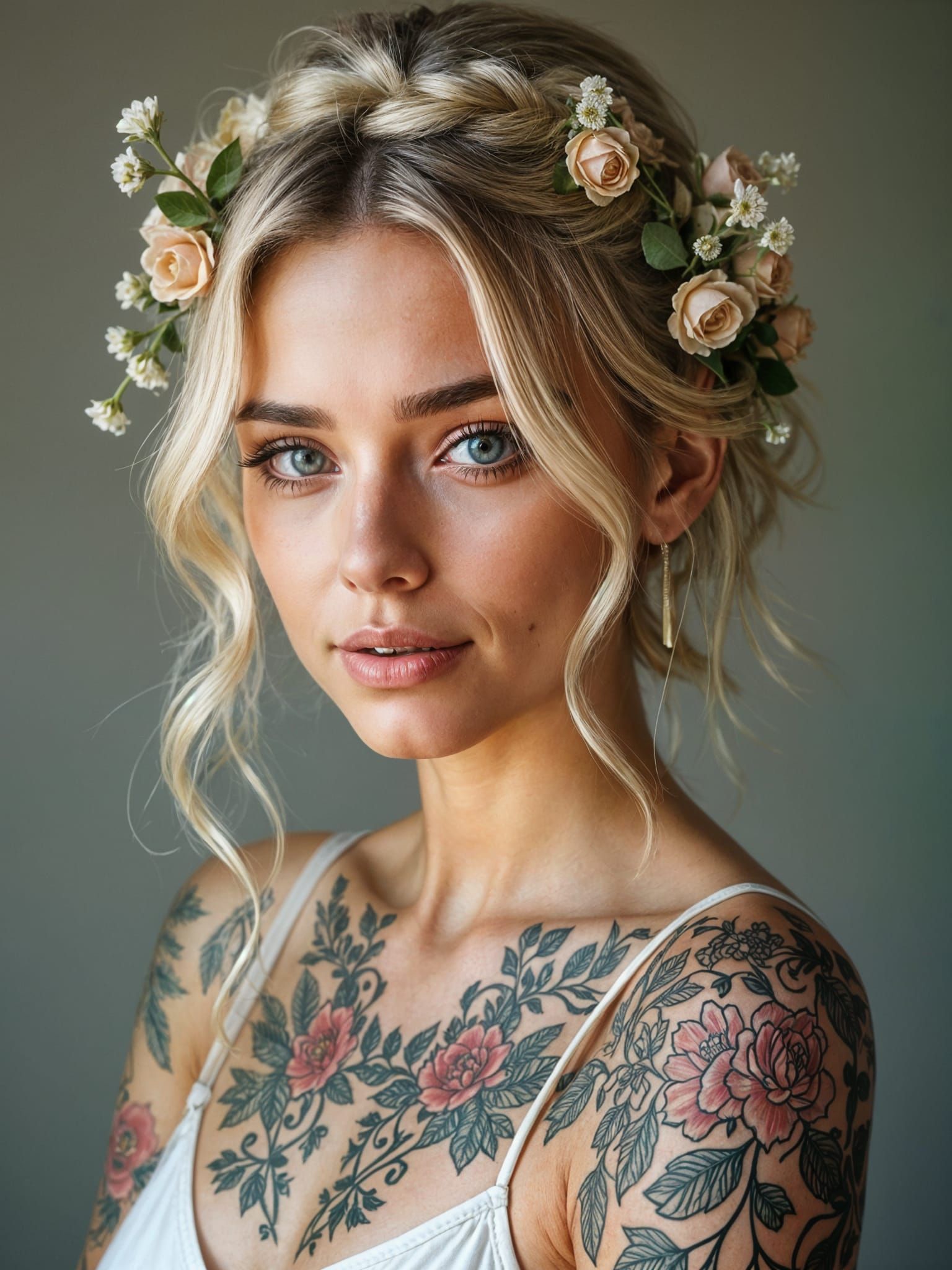 Elegant Woman with Floral Tattoos: Photorealistic Portrait
