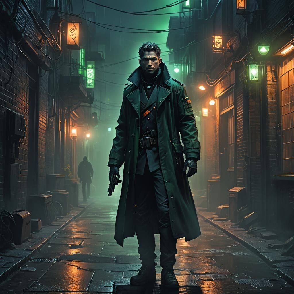 Mysterious Operative in Misty Alleyway, Matte Painting