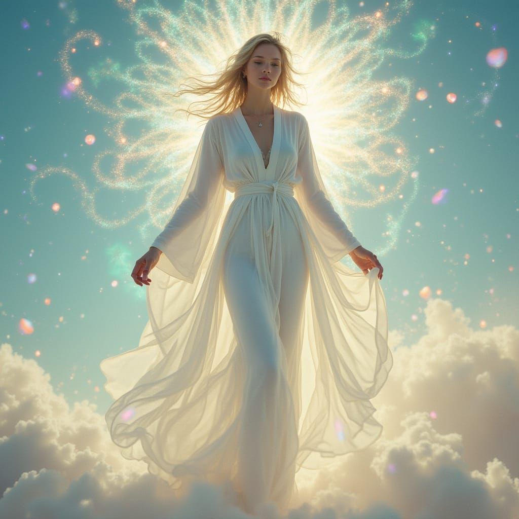 Ethereal Opaline Woman in Flowing White Robes