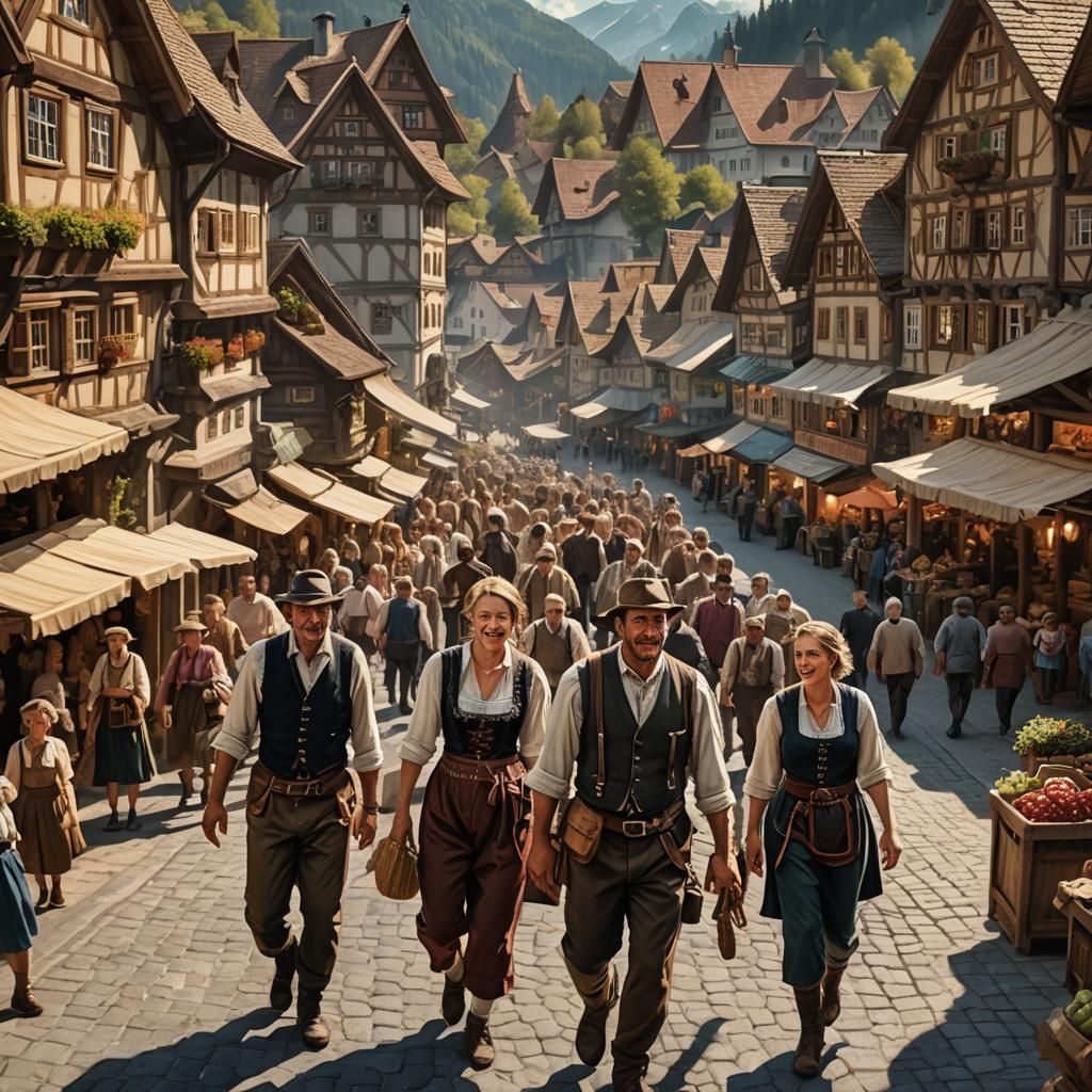 Bavarian Villagers at Market: Hyper-Realistic Digital Painti...