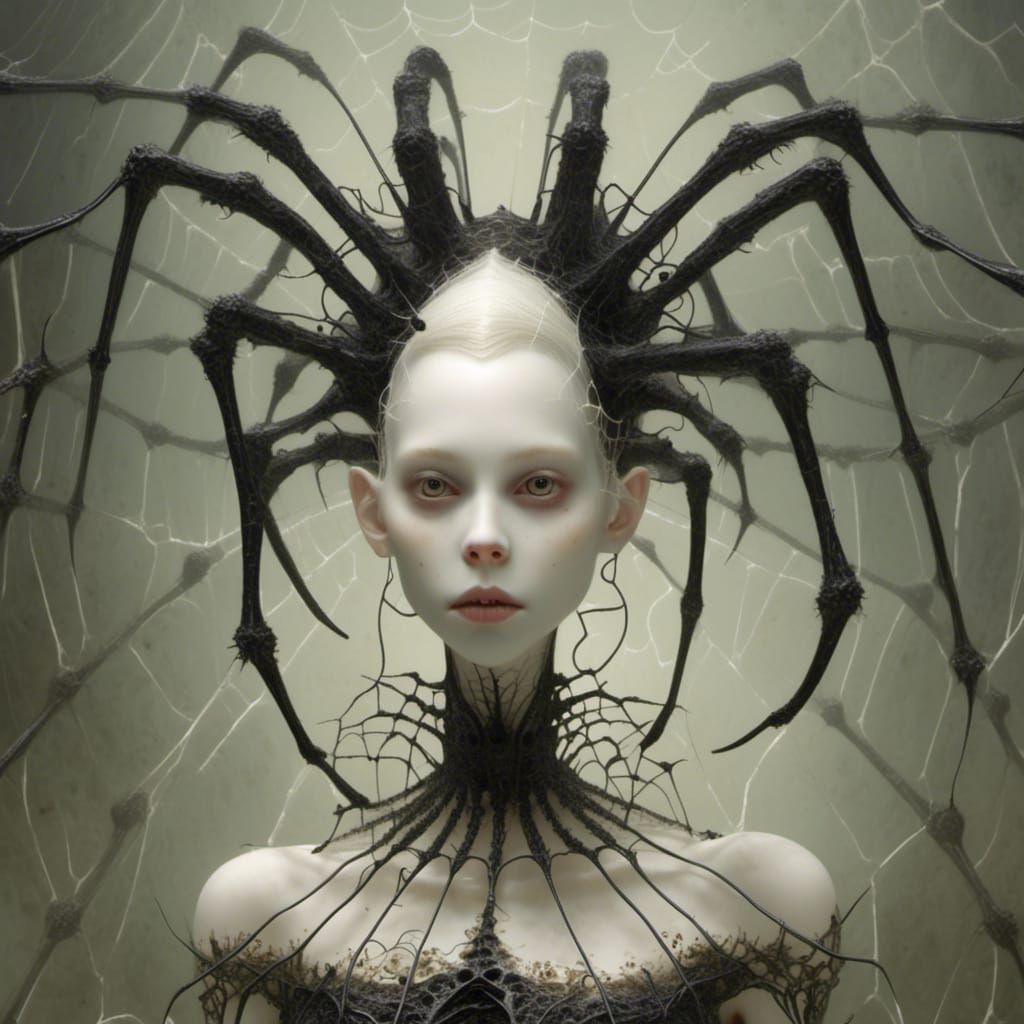 Surreal Female Demon with Spiderweb, in Dark Art Style