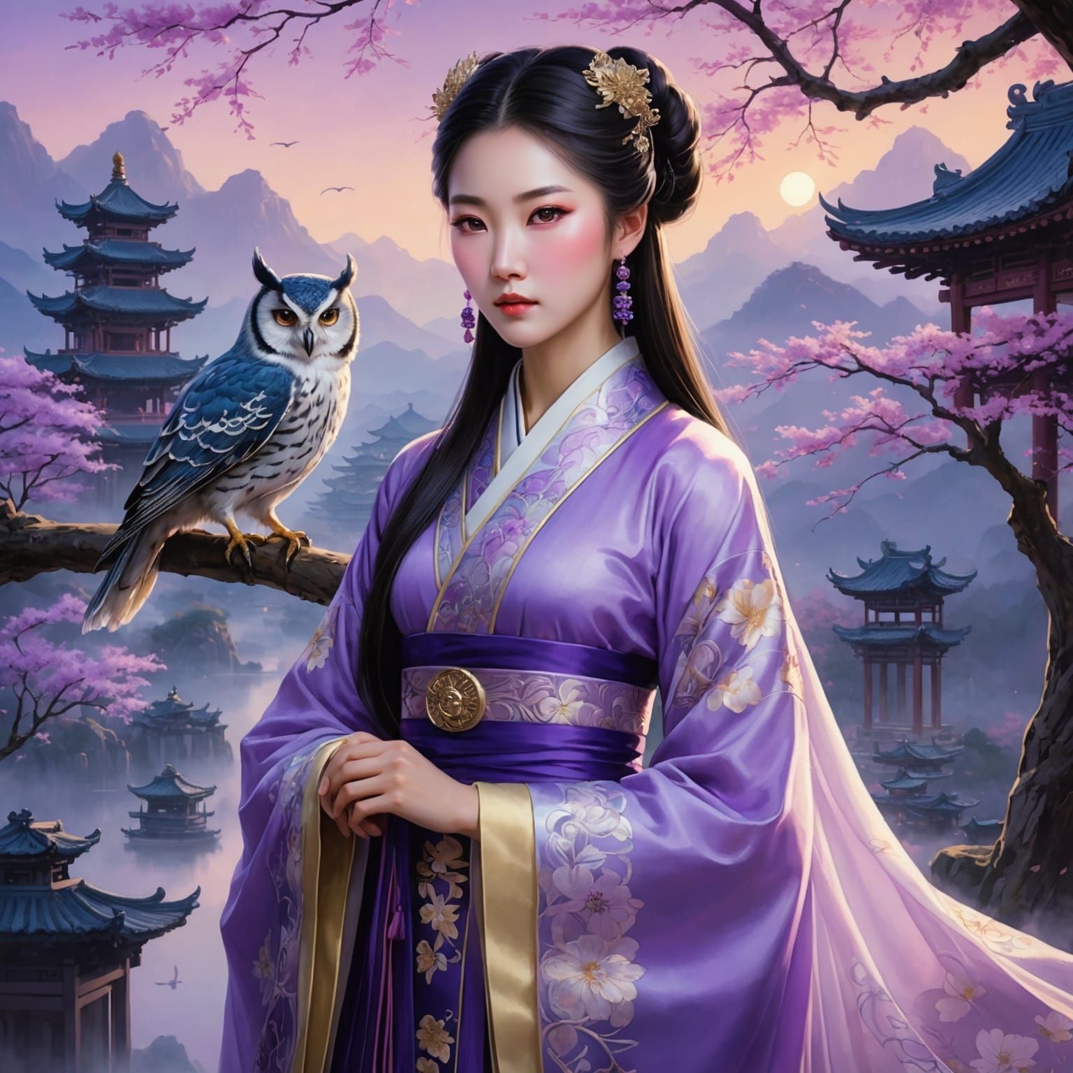 Painting of Stunning Chinese Princess and a Petite Owl Sitti...