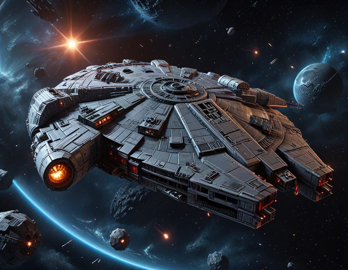 Hyper Realistic Sci-Fi Millennium Falcon in Cosmic Landscape