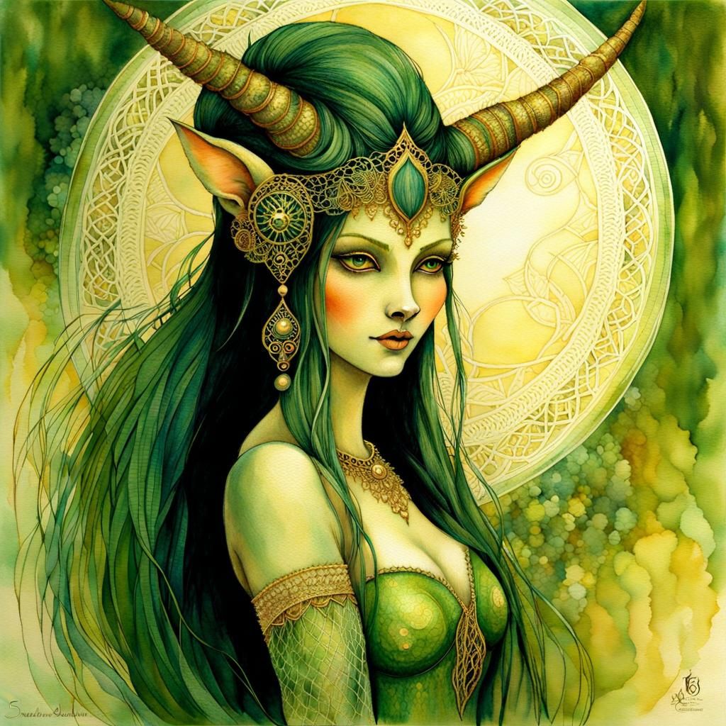 Forest Troll Seduces Girl: Eerie Watercolor Art