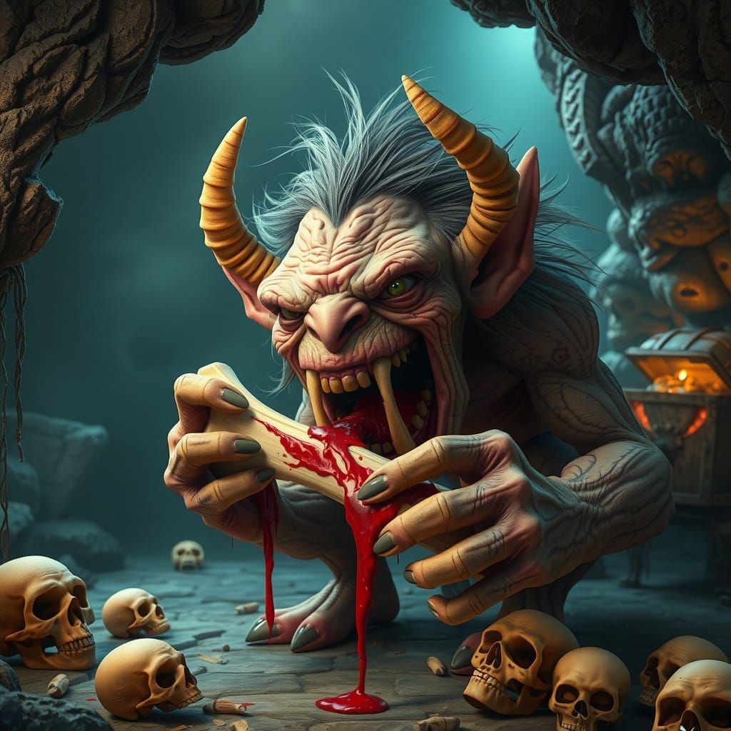 Ugly Troll in Magical Cave: 3D Ultrarealistic Image