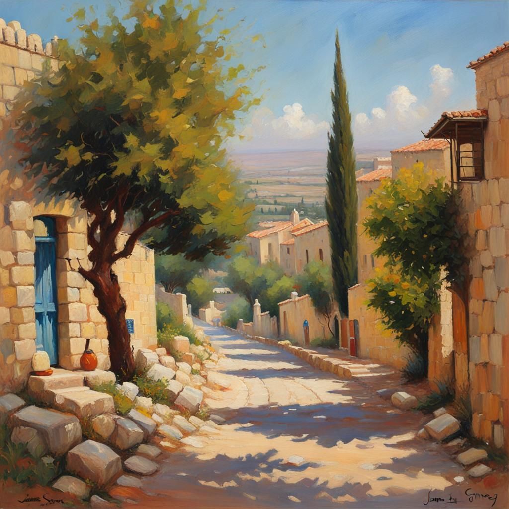 Shabbat Holiday in Kfar Hitit: Oil Painting