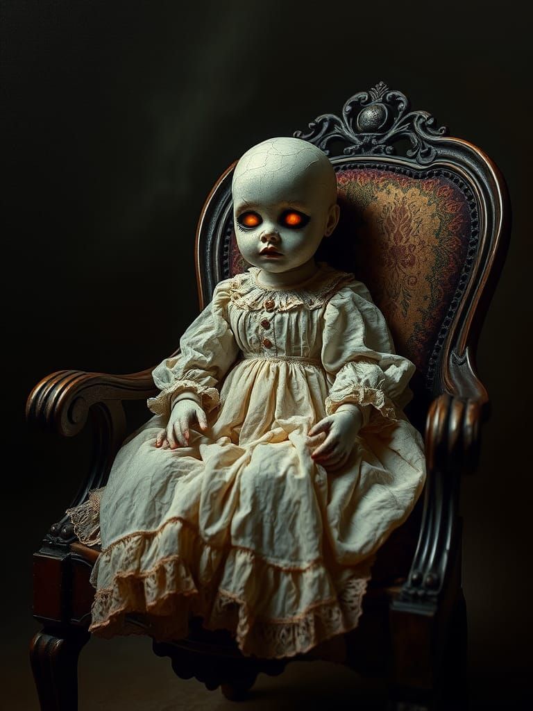 A dusty old doll with cracked porcelain and glowing eyes sits in a dark room. ethereal fantasy hyperdetailed mist Thomas...