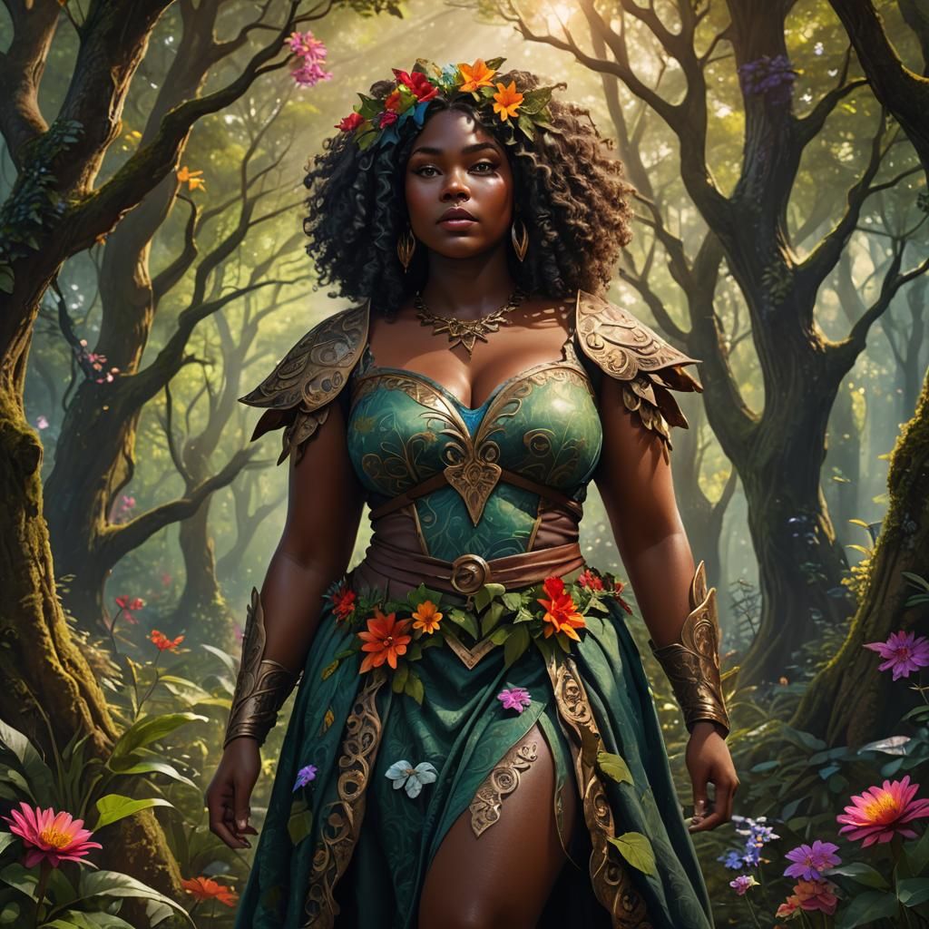 Empowered African Elf Maiden in Mystical Forest