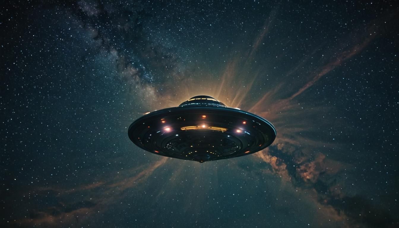 Flying Saucer Soaring Through Starry Night: Cinematic Still