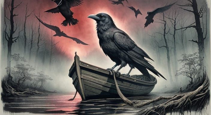 Majestic Raven Seeks Refuge on a Weathered Boat in a Foggy S...