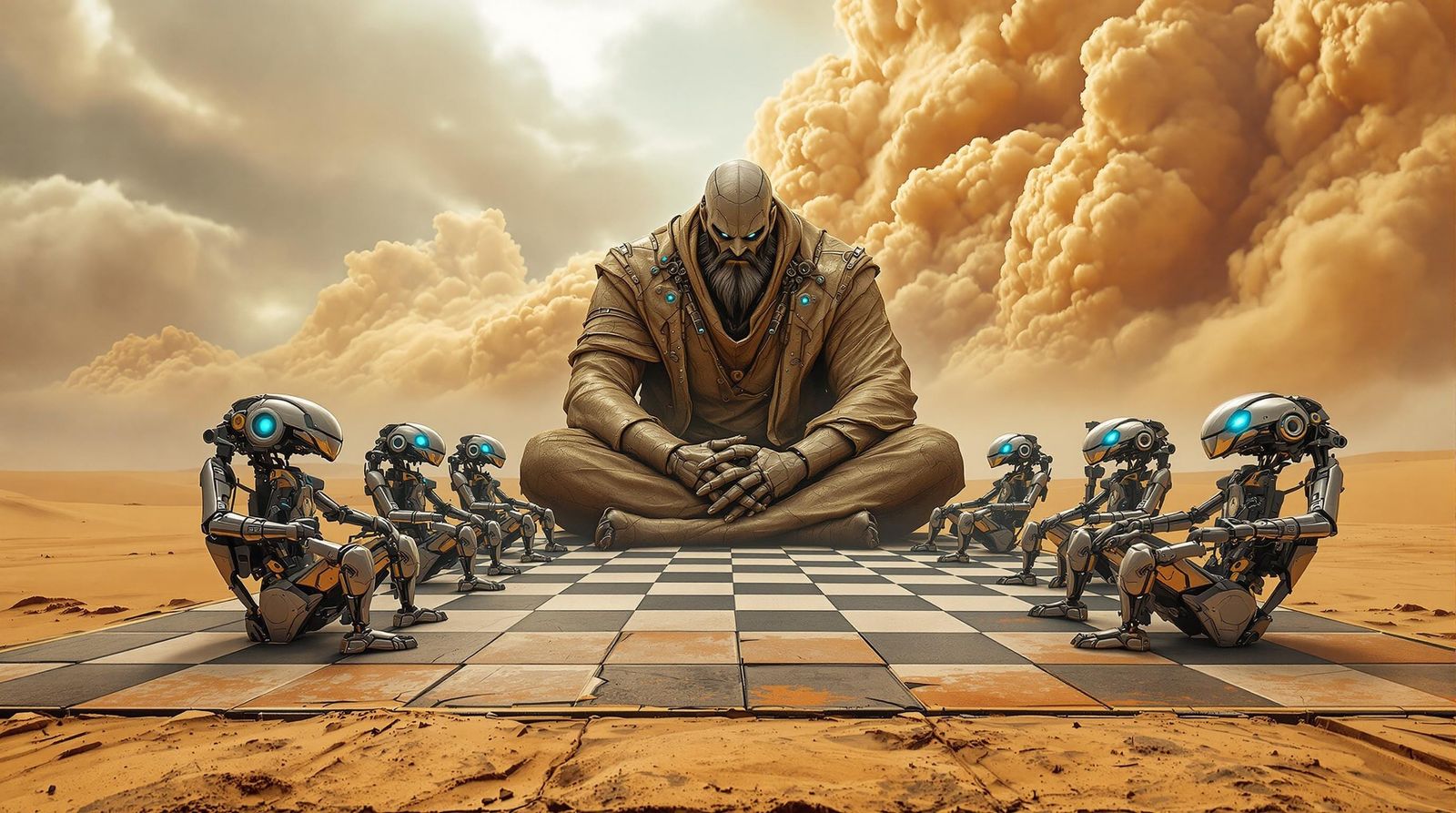 Giant Chess Master in Desert Landscape, Cyberpunk Style