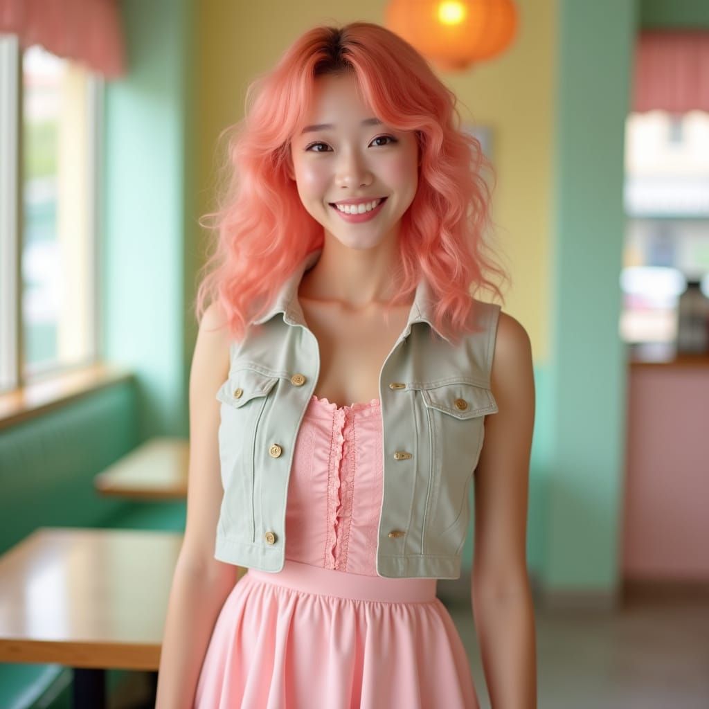 Young Woman with Coral-Pink Hair in Pastel Cafe