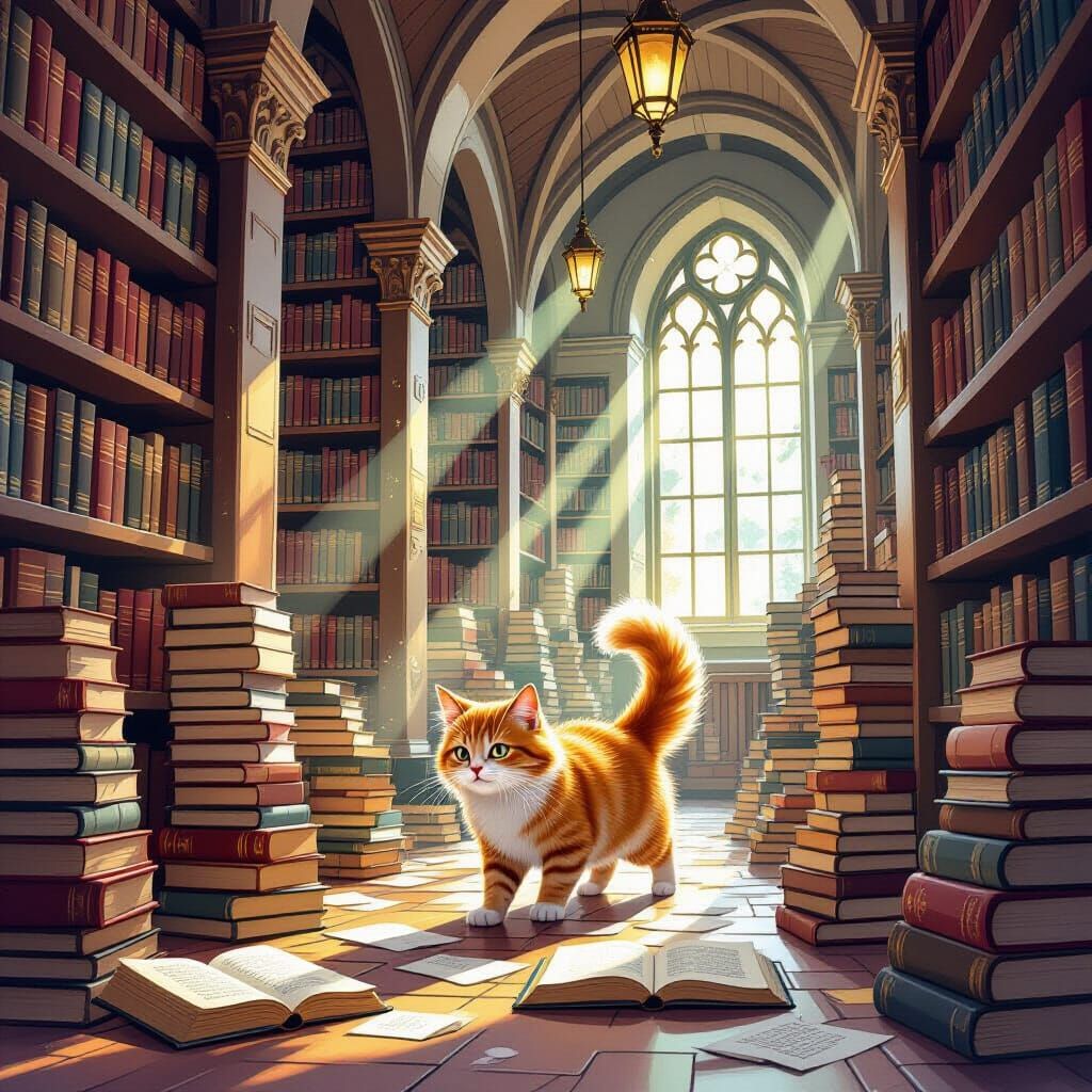 Ginger Cat's Whimsical Library Adventure in Watercolor Style