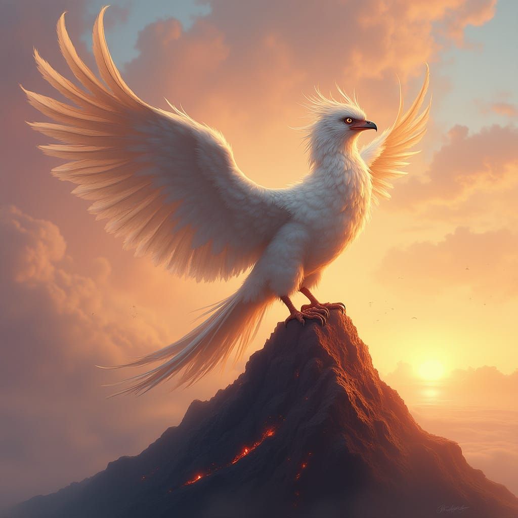 White Phoenix on Volcanic Peak at Dawn