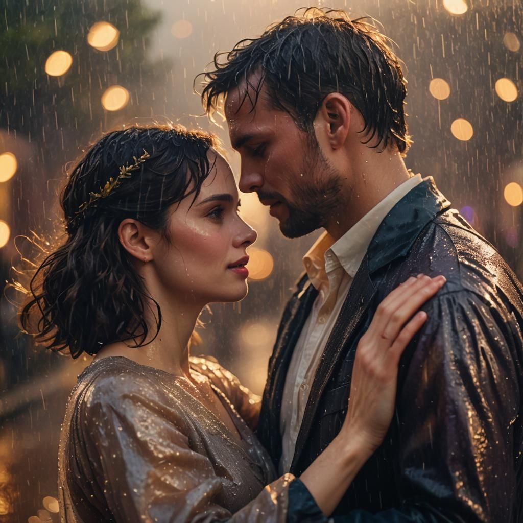Romantic Couple Dancing in Rain: Cinematic Film Still