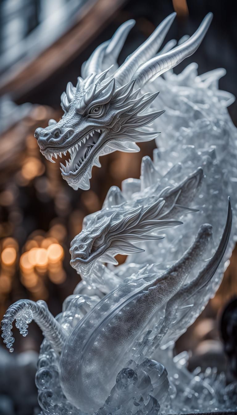 Shimmering Crystal Ice Dragon Sculpture in 8K