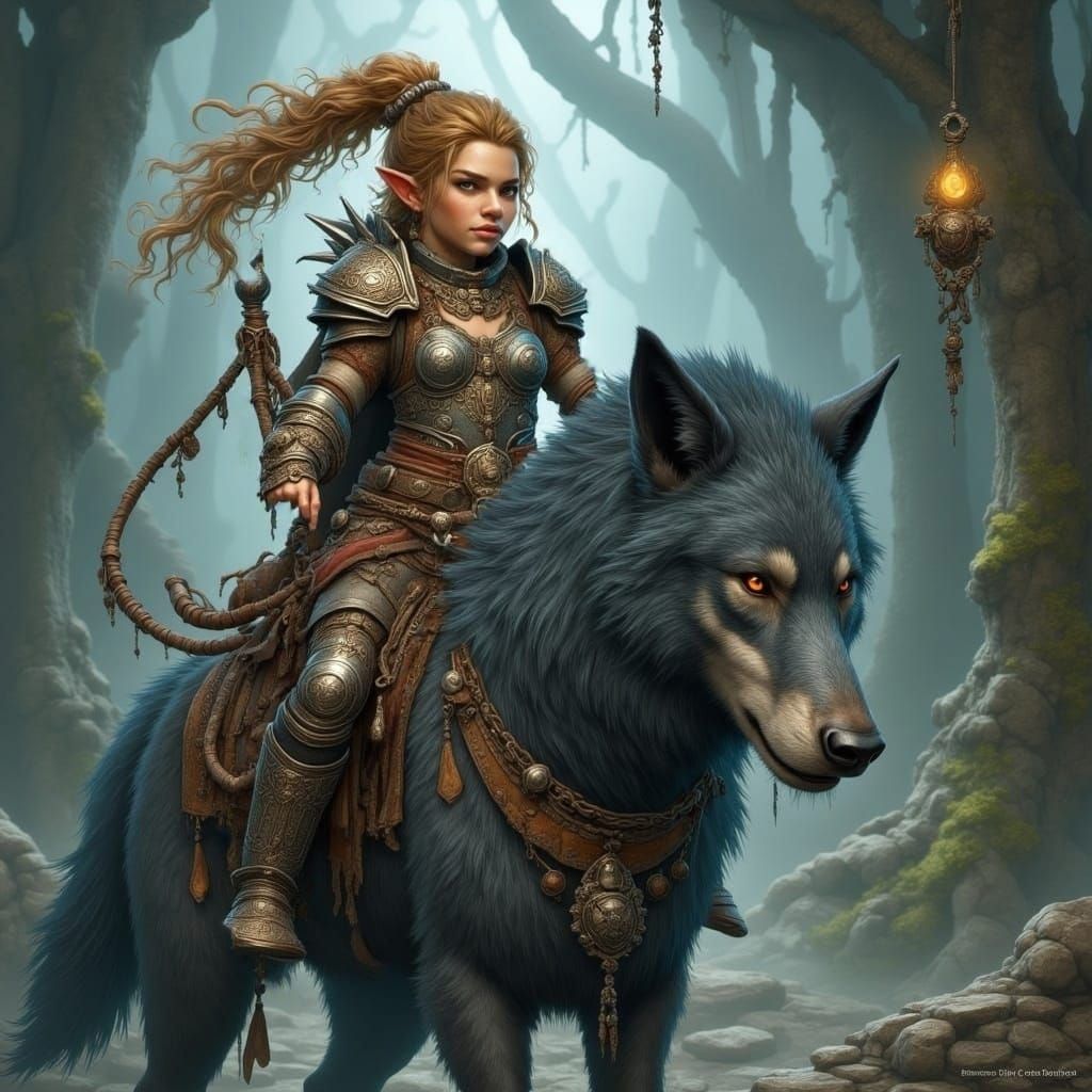 Female gnome <tan skin, dirty blonde hair, steel blue eyes> wearing leather armor riding a black and gray wolf <lora:DnD...