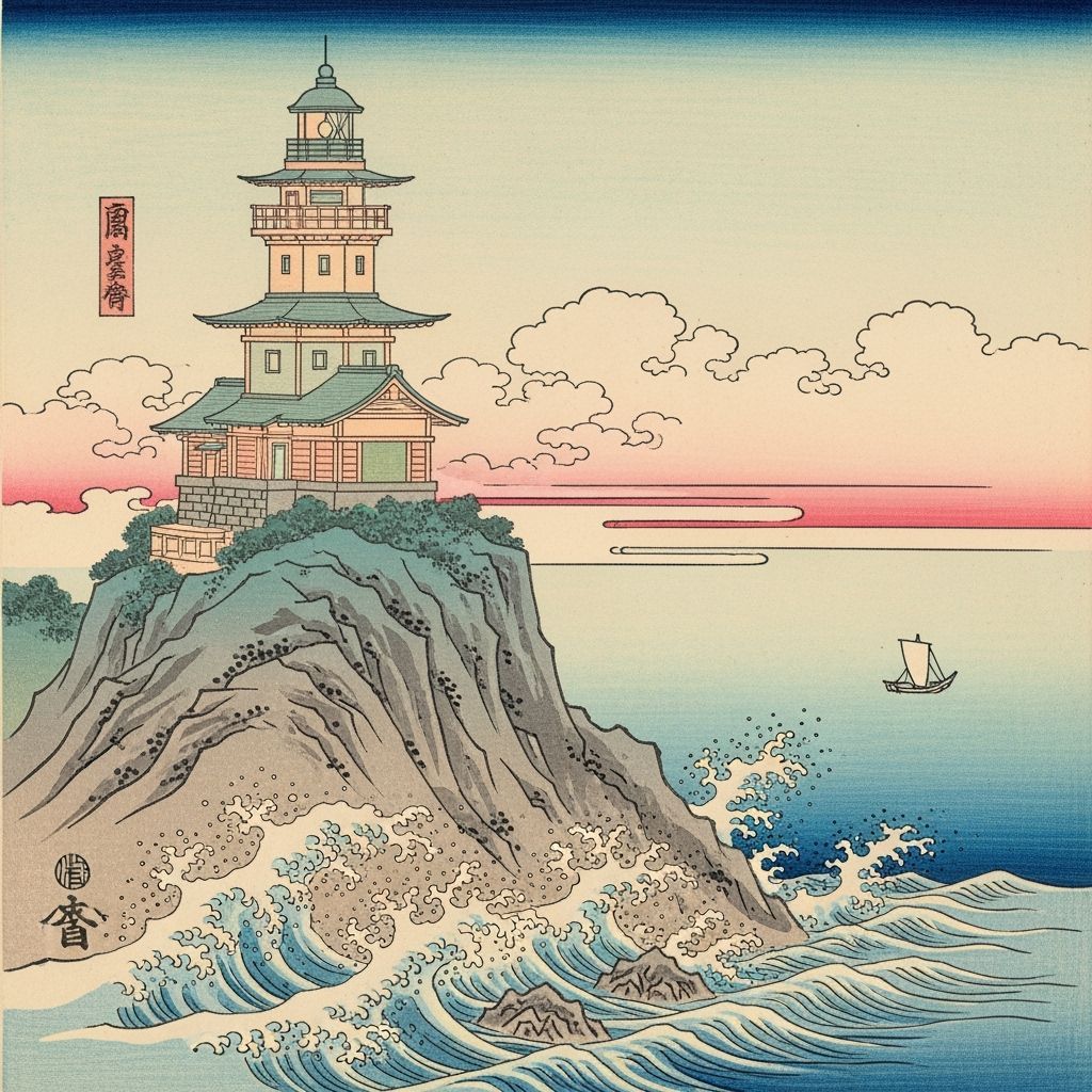 Ukiyo-e Lighthouse on Rocky Hill