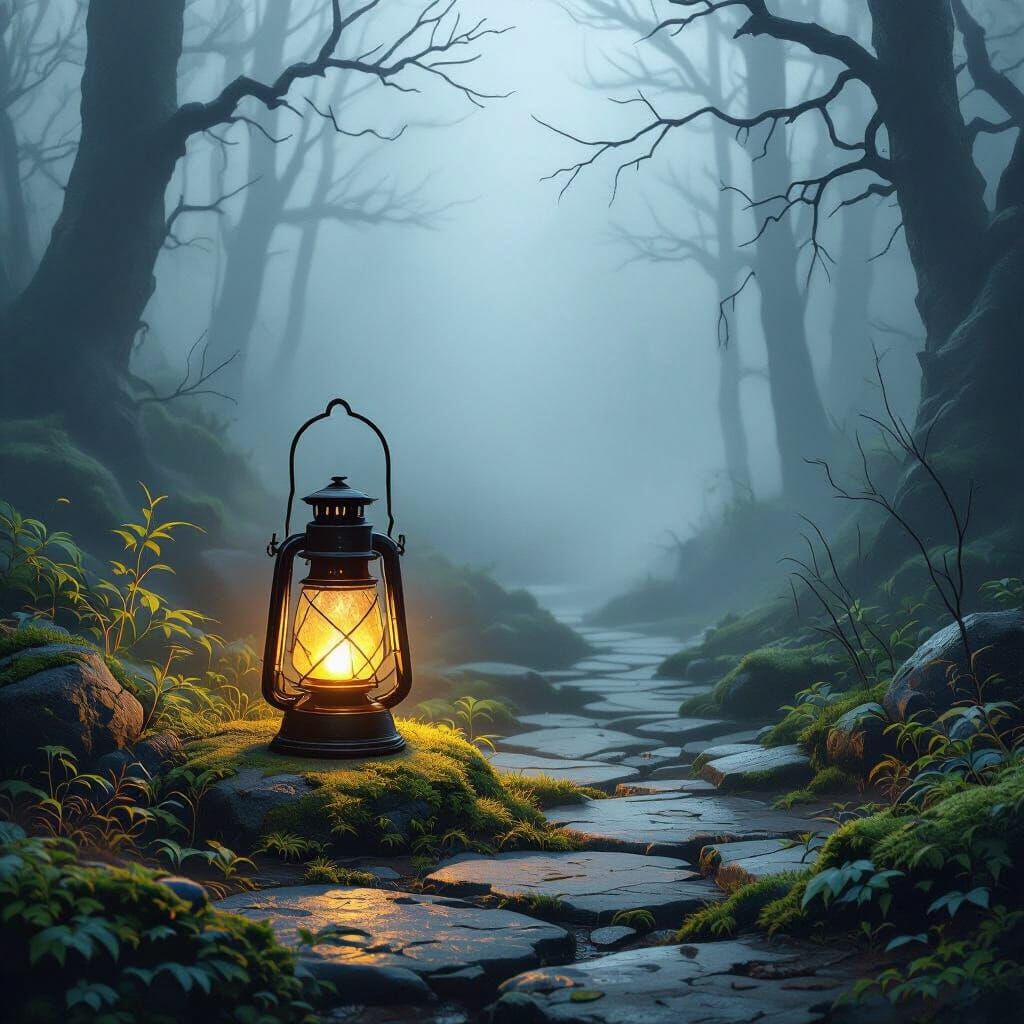 Glowing Lantern Guides Through Misty Ancient Forest Path
