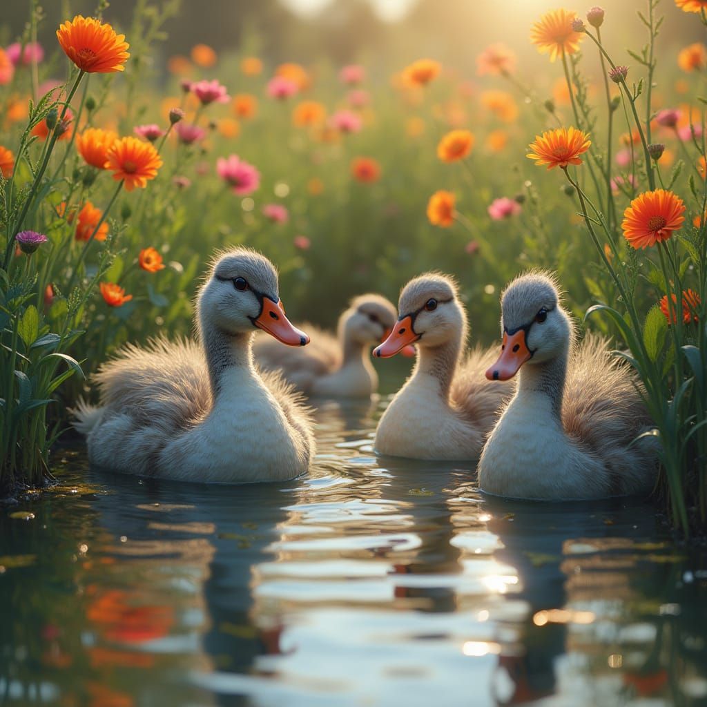 Vibrant Hyperrealistic Ducks in a Colorful Flower Field
