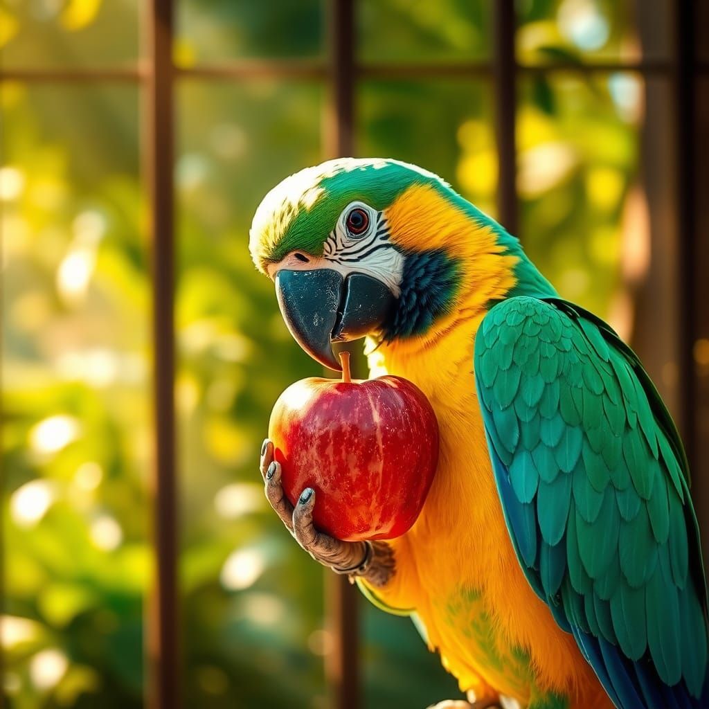 A parrot eats an apple in a sunny zoo. Soft focus. Warm colors, orange and teal hues, with complementary cool colors. Su...