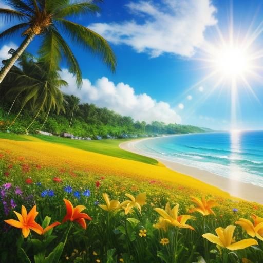 Tropical Flower Meadow Under Divine Sunlight