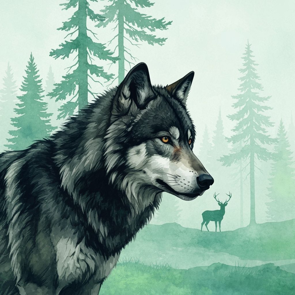 Wolf with Watercolor Landscape in Center