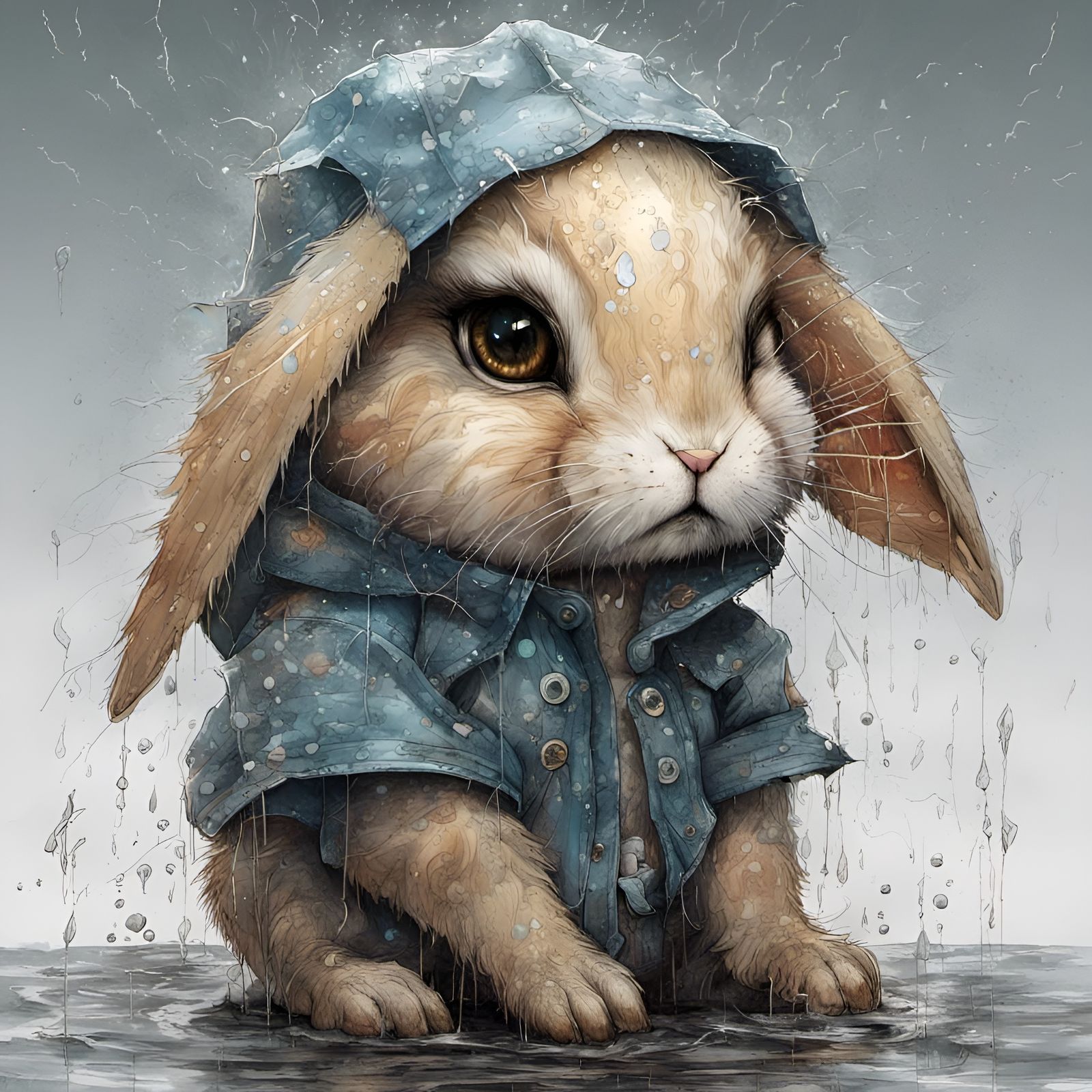Sad Wet Bunny in Stormy Weather