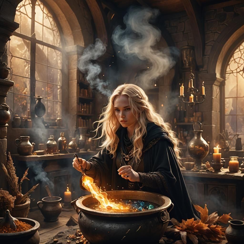 Blonde Woman Brewing Potions in Detailed Digital Painting