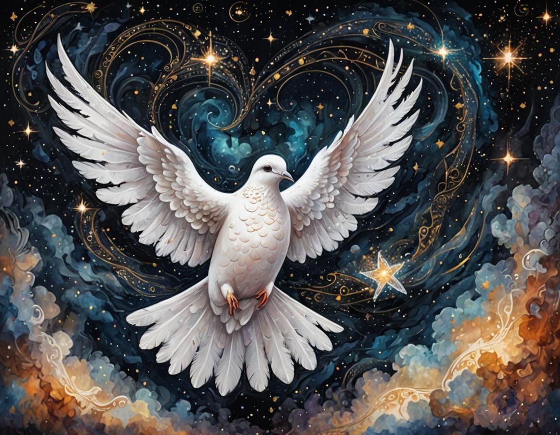 Dove Drifting in Cosmic Space with Klimt Stars