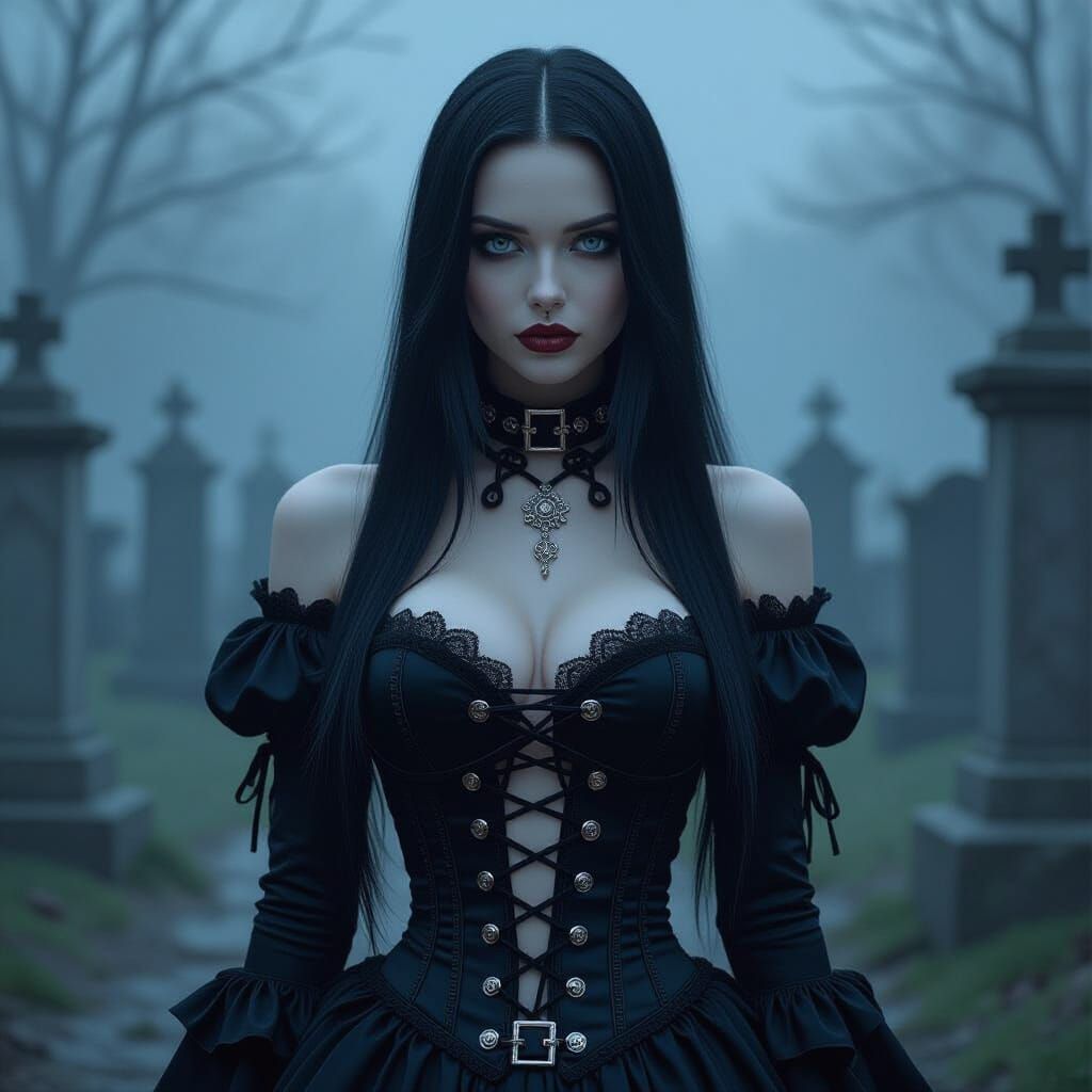 Photorealistic Goth Woman in Misty Graveyard