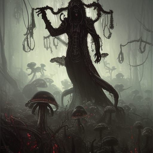 Reaper in Mushroom Forest: Dark Fantasy Art